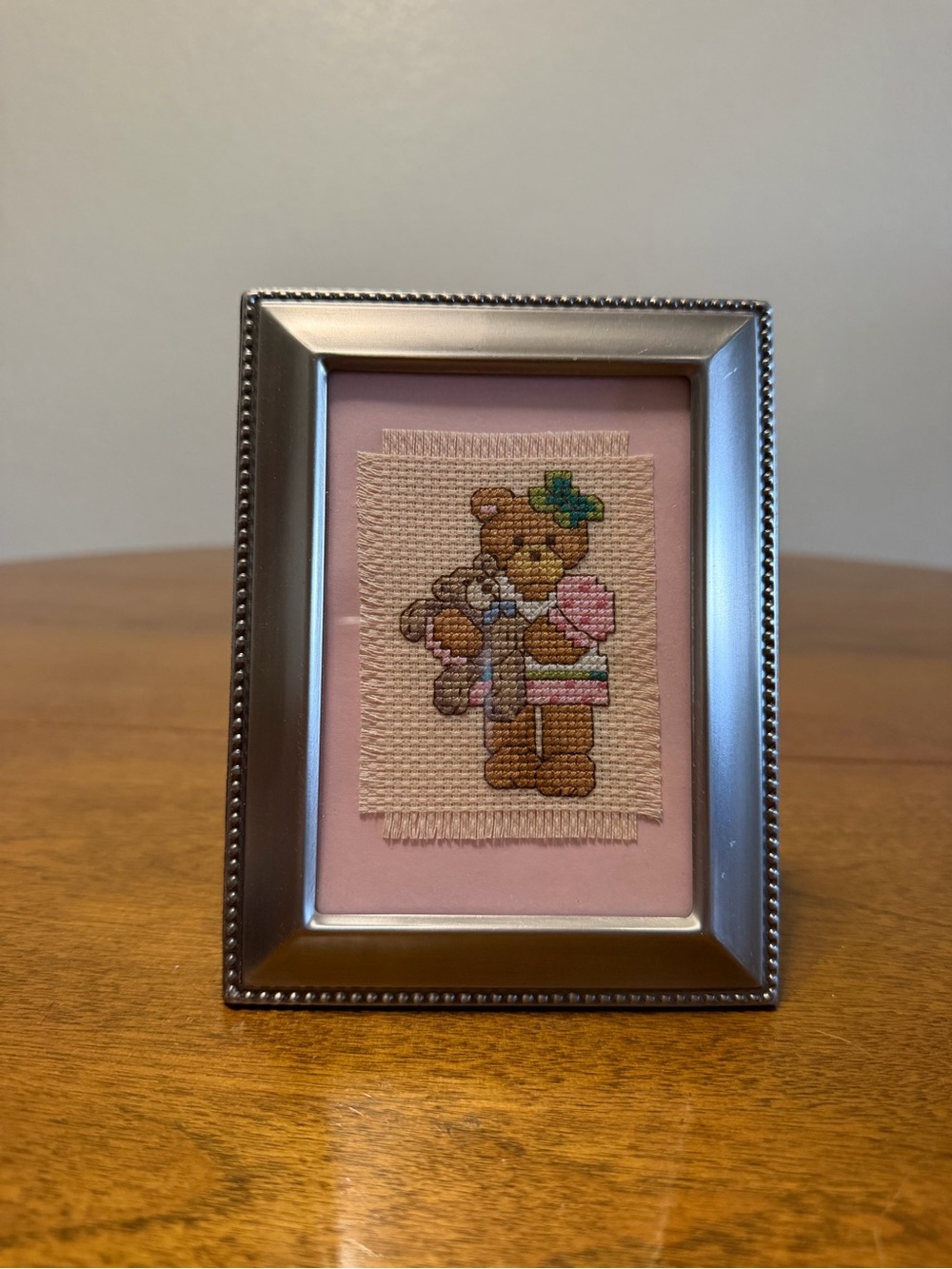 Framed Cross Stitch Teddy with Pink Mat
